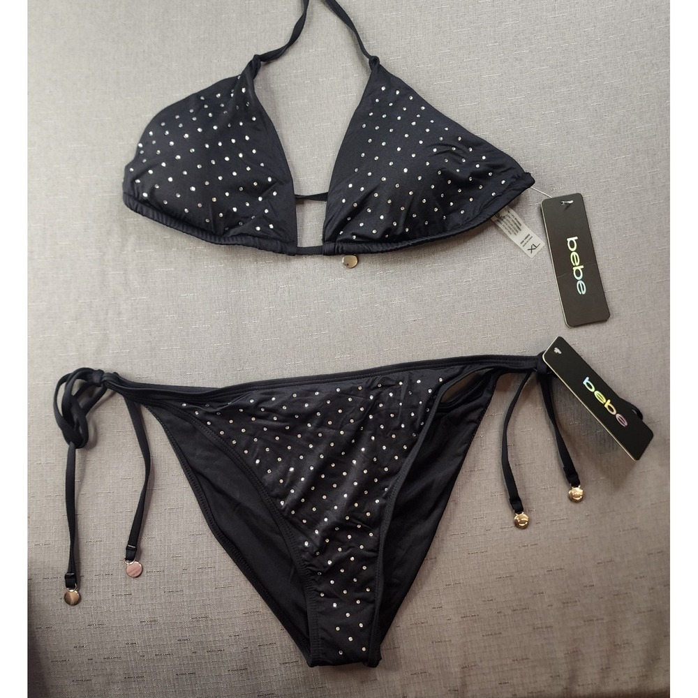 Bebe Black Rhinestone Triangle Bikini Set Two Piece Side Tie Swimsuit XL NWT